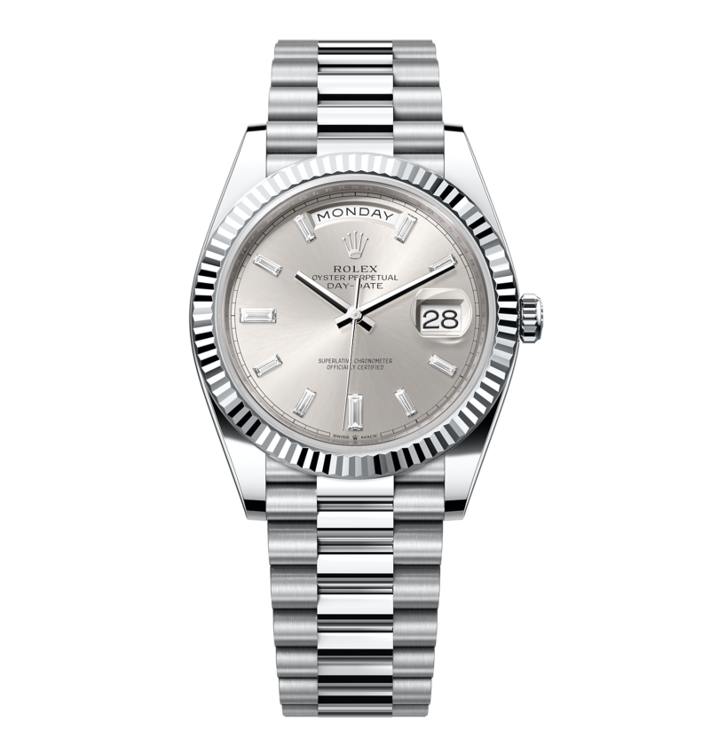 Rolex Day-Date - 40 mm - זהב לבן לוח אפור יהלומים גימור קצה