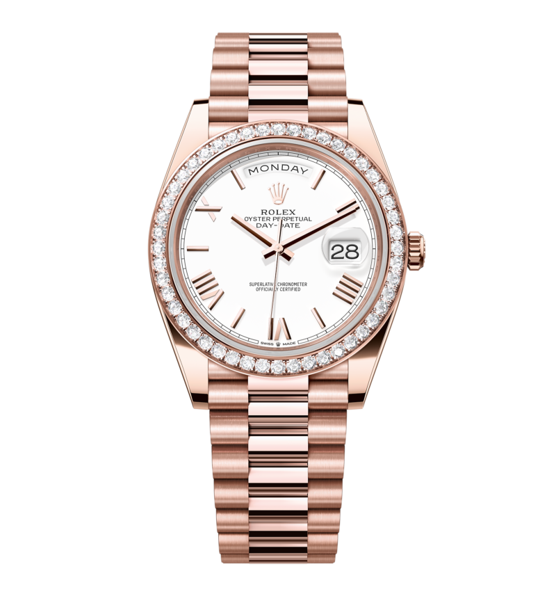 Rolex Day-Date - 40 mm - רוז גולד לו לבן רומי באזל יהלומים גימור שוויצרי
