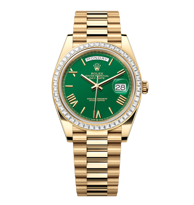 Rolex Day-Date - 40 mm - זהב צהוב לוח ירוק רומי באזל יהלומים גימור קצה