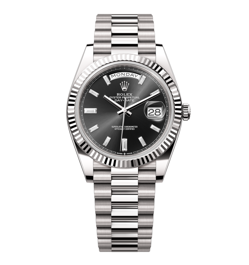 Rolex Day-Date - 40 mm - זהב לבן לוח שחור יהלומים גימור שוויצרי