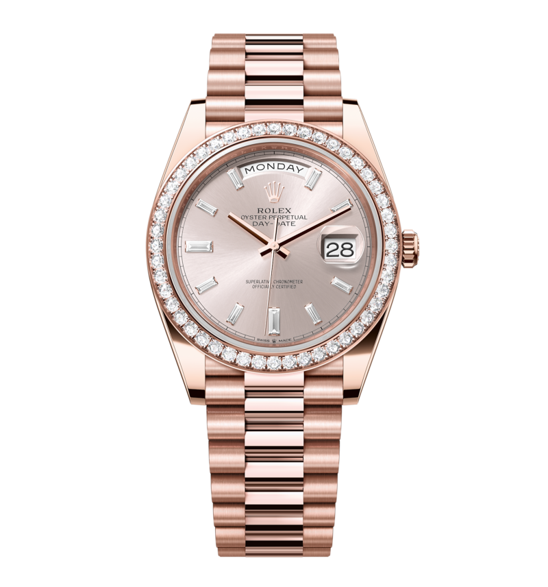 Rolex Day-Date - 40 mm - רוז גולד לוח רוז יהלומים באזל יהלומים גימור שוויצרי